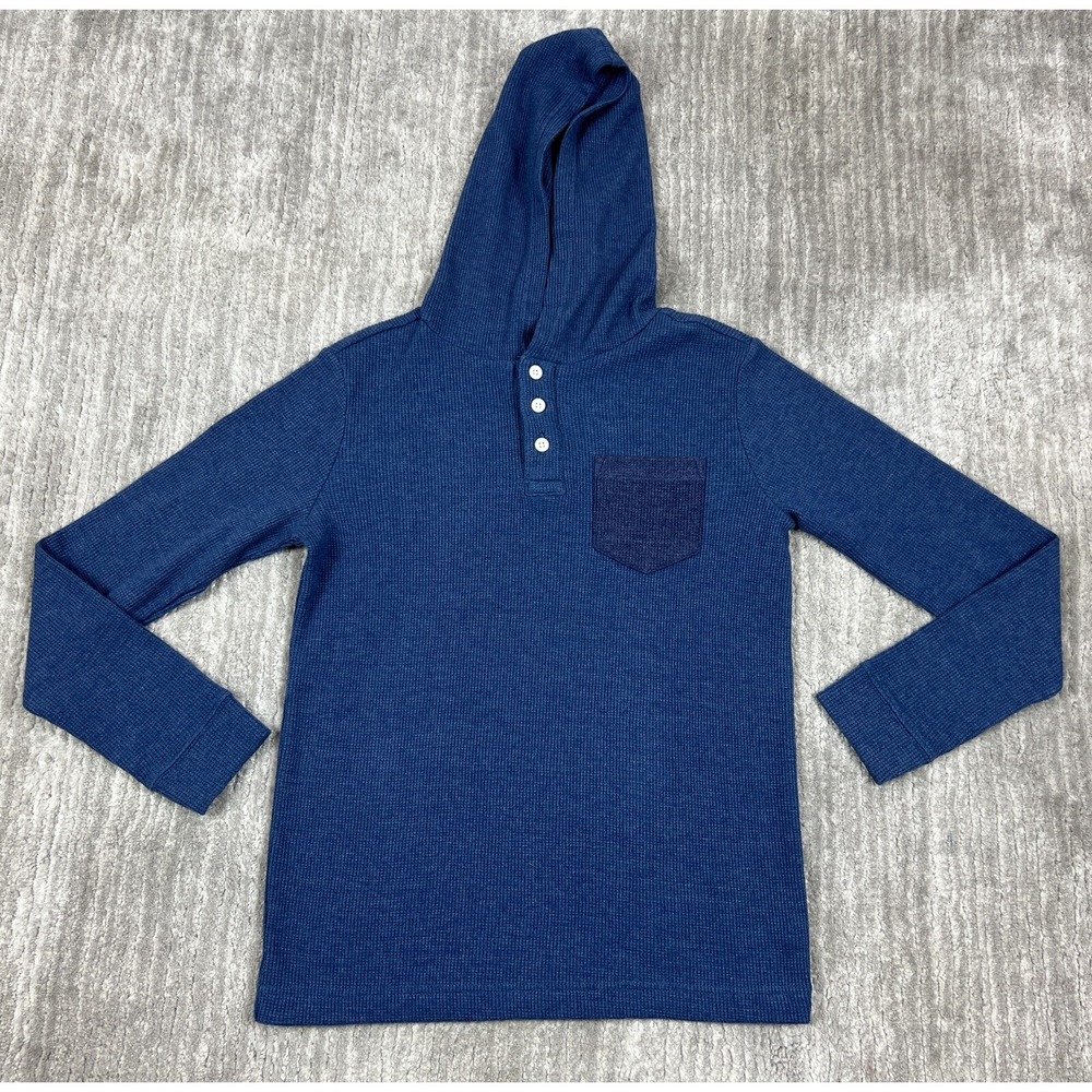 True Craft Hoodie Mens M Blue Waffle Knit Henley Pocket Thermal Long Sleeve Top